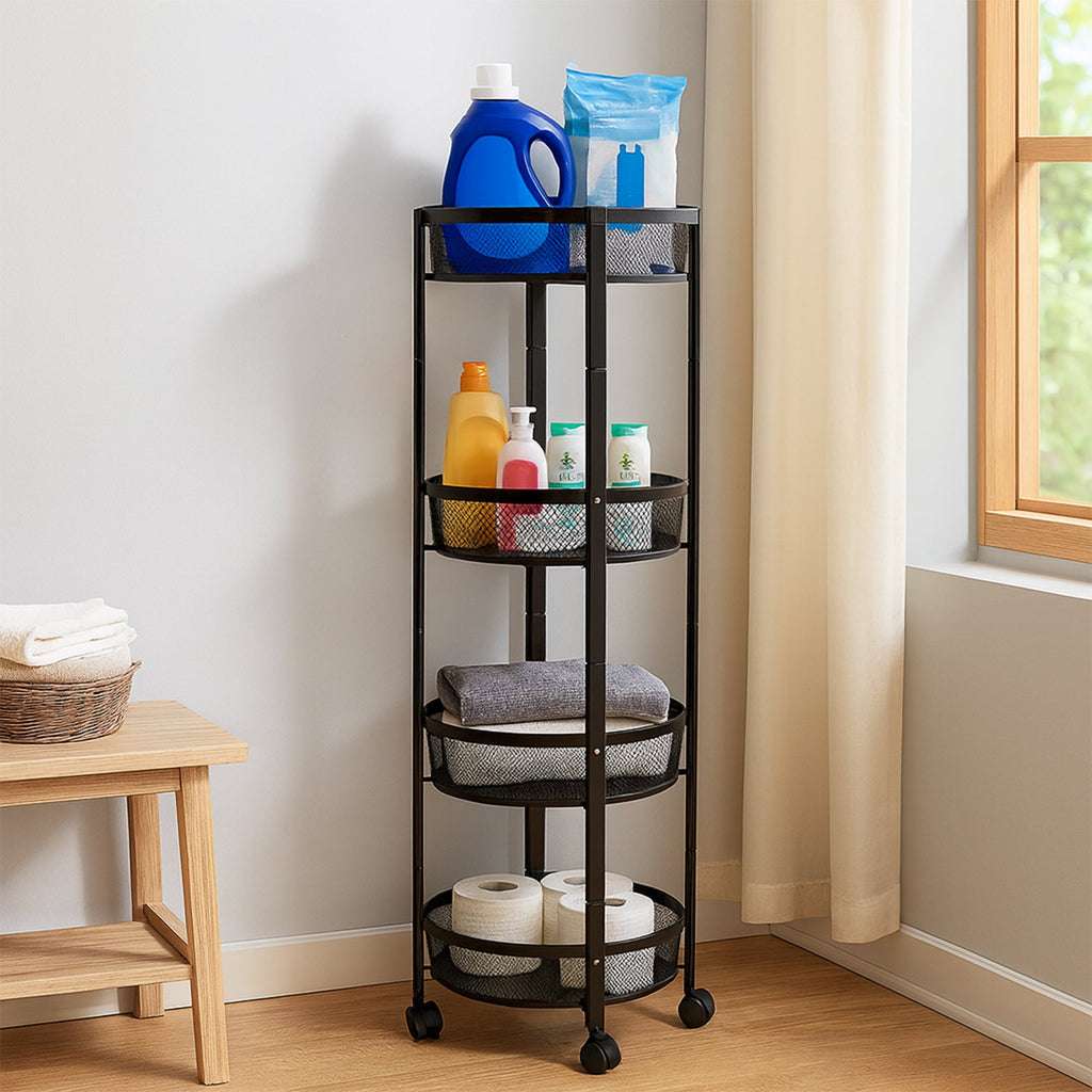 4-Layer Round Metal Mesh Storage Organizer Rack with Wheels (1 Pc)