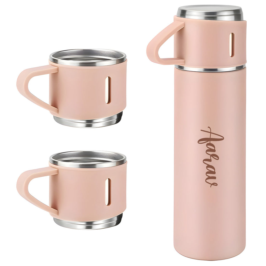 Customized Stainless Steel Vacuum Flask Set with 3 Cups – 500ML | Personalized Name Bottle Gift Combo for Boyfriend, Girlfriend, Employee
