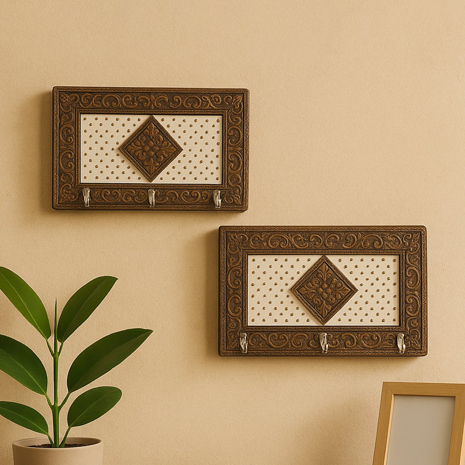 Handicraft Meenakari Wooden keyholder | Wall Hanging Key Holder Style for Your Home Decor & Gift Keys Stand for Entryway, Kitchen, Office, Bedroom Decorative Keys Organizer keyholder (2 Pc Set)